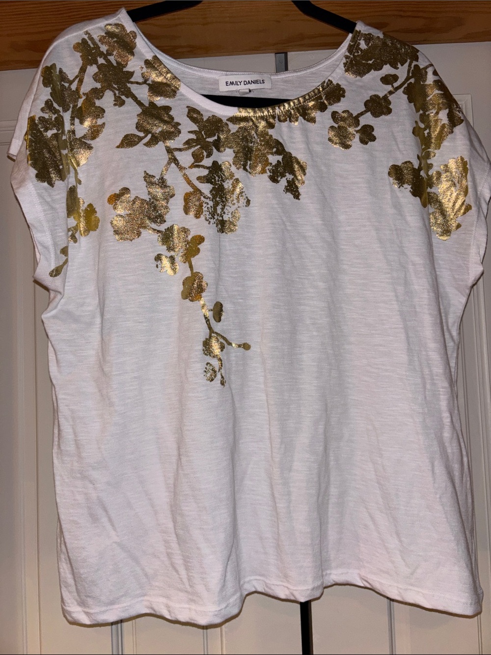 Emily Daniels White Short Sleeve Tee with Gold Floral Accents